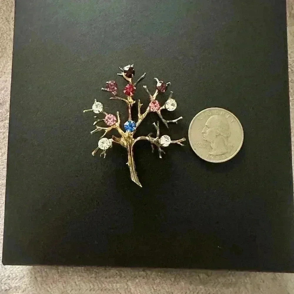 Vintage Tree of Life Family Tree Brooch Costume Golden Rhinestones